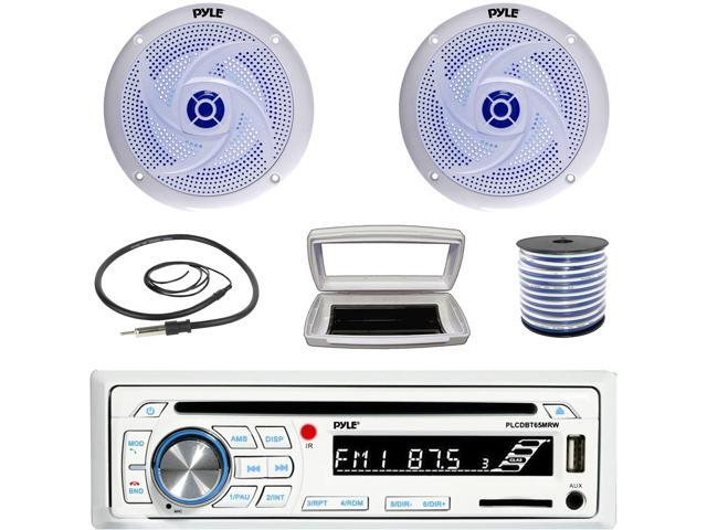 Pyle PLCDBT65 Single-DIN Marine Bluetooth USB/AUX CD Player AM/FM Stereo Receiver W/White Cover, 2x 8'' 320 Watt Max Power Low Profile 2-Way Blue...