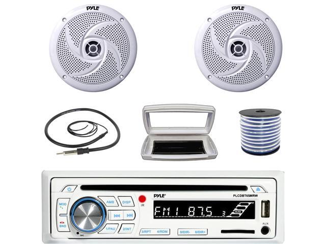 Pyle PLCDBT65 Single-DIN Marine Bluetooth USB/AUX CD Player AM/FM Stereo Receiver W/White Cover, 2x Pyle PLMRS8W 8'' 320W Max Power Low Profile...
