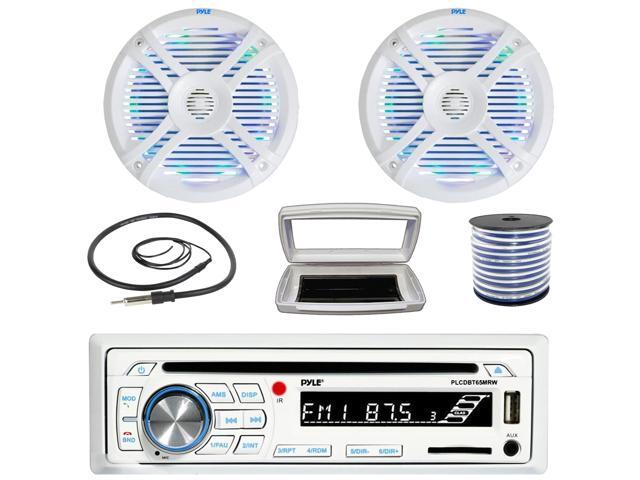 Pyle PLCDBT65 Single-DIN Marine Bluetooth USB/AUX CD Player AM/FM Stereo Receiver W/White Cover, 2x Pyle 6.5' 250W Max Power Boat Dual Cone...