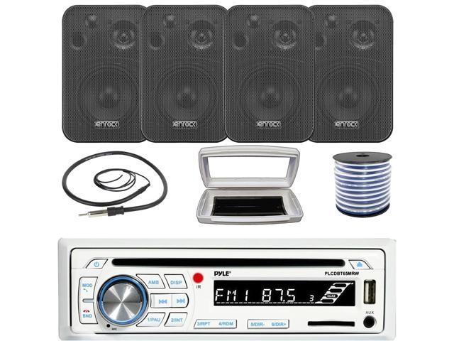 Pyle PLCDBT65 Single-DIN Marine Bluetooth USB/AUX CD Player AM/FM Stereo Receiver W/White Cover, 4x Enrock EKMR408B 4' 30W Max Power 3-Way In...