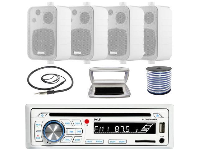 Pyle PLCDBT65 Single-DIN Marine Bluetooth USB/AUX CD Player AM/FM Stereo Receiver W/White Cover, 4x Enrock 4' 30W Max Power 3-Way In Door/Out Door...