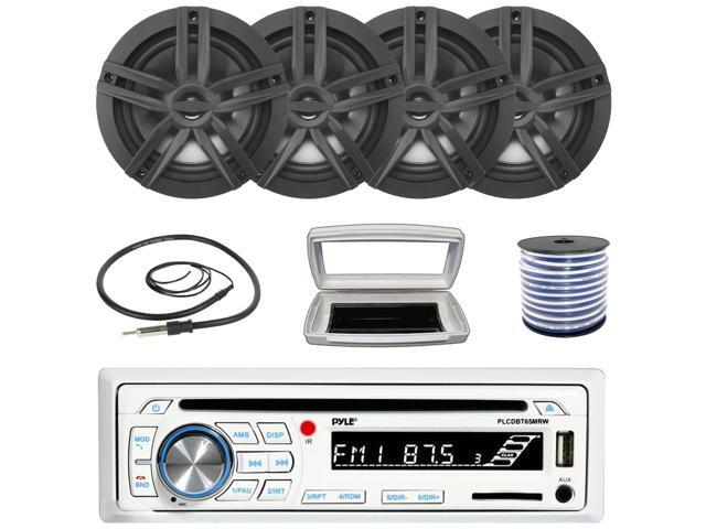 Pyle PLCDBT65 Single-DIN Marine Bluetooth USB/AUX CD Player AM/FM Stereo Receiver W/White Cover, 4x Enrock EM265B 6.5' 180W Max Power 2-Way Boat...