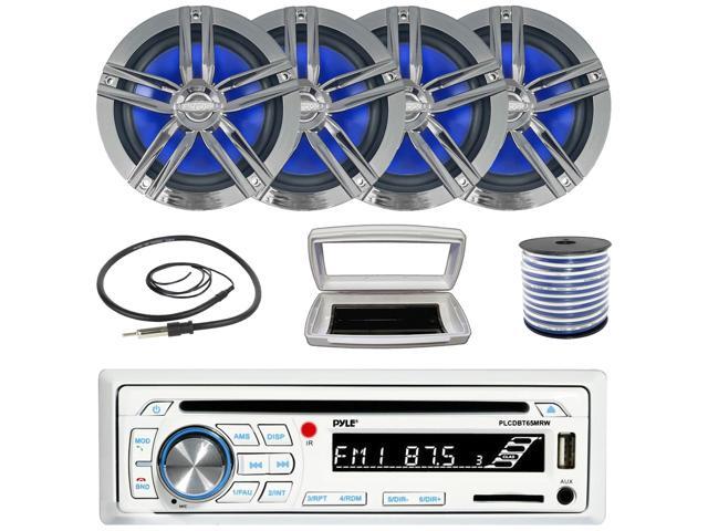 Pyle PLCDBT65 Single-DIN Marine Bluetooth USB/AUX CD Player AM/FM Stereo Receiver W/White Cover, 4x 6.5' 180W Max Power 2-Way High-Performance Boat...