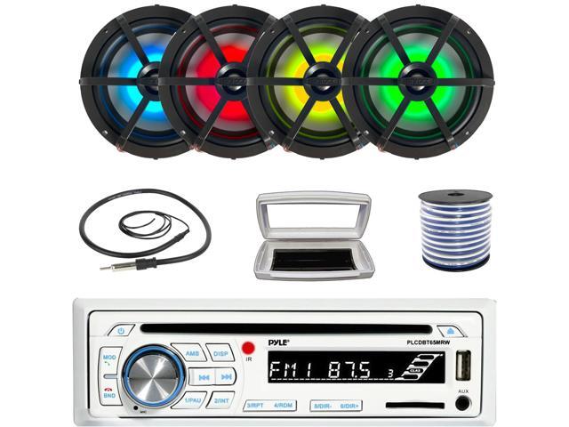 Pyle PLCDBT65 Single-DIN Marine Bluetooth USB/AUX CD Player AM/FM Stereo Receiver W/White Cover, 4x Enrock EM265RGB 6.5' 120 Watt Max Power RGB LED...