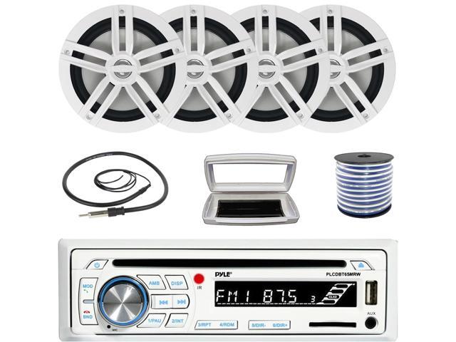 Pyle PLCDBT65 Single-DIN Marine Bluetooth USB/AUX CD Player AM/FM Stereo Receiver W/White Cover, 4x Enrock EM265W 6.5' 180 Watt Peak Power 2-Way...