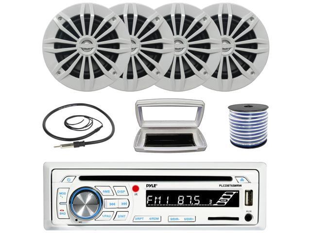 Pyle PLCDBT65 Single-DIN Marine Bluetooth USB/AUX CD Player AM/FM Stereo Receiver W/White Cover, 4x Enrock EM270W 6.5' 180W Max Power 2-Way Boat...