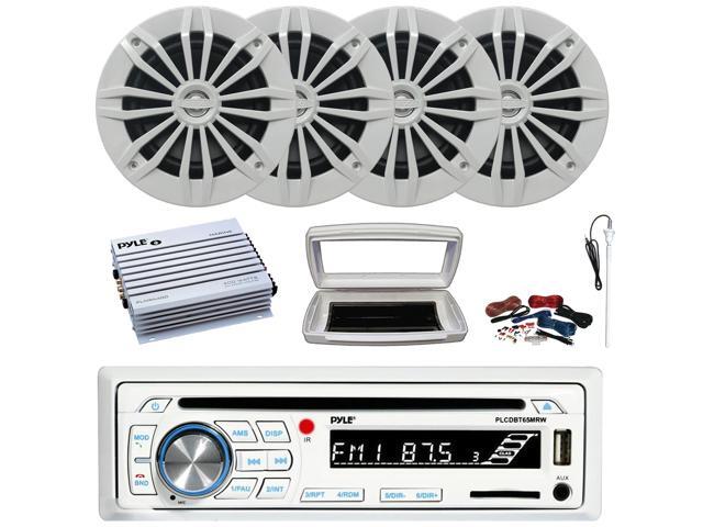 Pyle PLCDBT65 Single-DIN Marine Bluetooth USB/AUX CD Player AM/FM Stereo Receiver W/White Cover, 4x Enrock 6.5' 180W Max Power 2-Way Boat White...