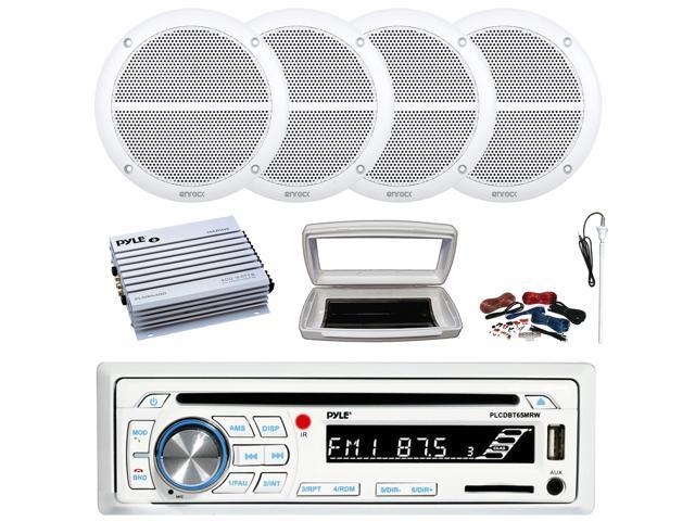 Pyle PLCDBT65 Single-DIN Marine Bluetooth USB/AUX CD Player AM/FM Stereo Receiver W/White Cover, 4x 6.5' 90W Max Power 2-Way Full Range White Boat...
