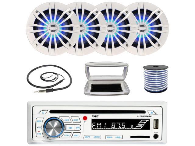 Pyle PLCDBT65 Single-DIN Marine Bluetooth USB/AUX CD Player AM/FM Stereo Receiver W/White Cover, 4x 6.5' 180W Max Power 2-Way Blue LED White Boat...