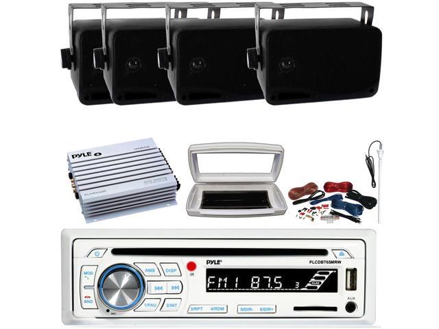 Pyle PLCDBT65 Single-DIN Marine Bluetooth USB/AUX CD Player AM/FM Stereo Receiver W/White Cover, 4x 3.5'' 200W Max 3-Way Indoor/Outdoor Wall Mount...