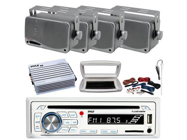 Pyle PLCDBT65 Single-DIN Marine Bluetooth USB/AUX CD Player AM/FM Stereo Receiver W/White Cover, 4x 3.5'' 200W Max 3-Way Weather Proof Mini Box...