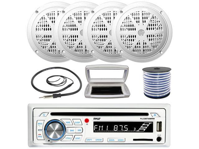 Pyle PLCDBT65 Single-DIN Marine Bluetooth USB/AUX CD Player AM/FM Stereo Receiver W/White Cover, 4x Pyle PLMR41W 4'' 100 Watt Max Power Dual Cone...