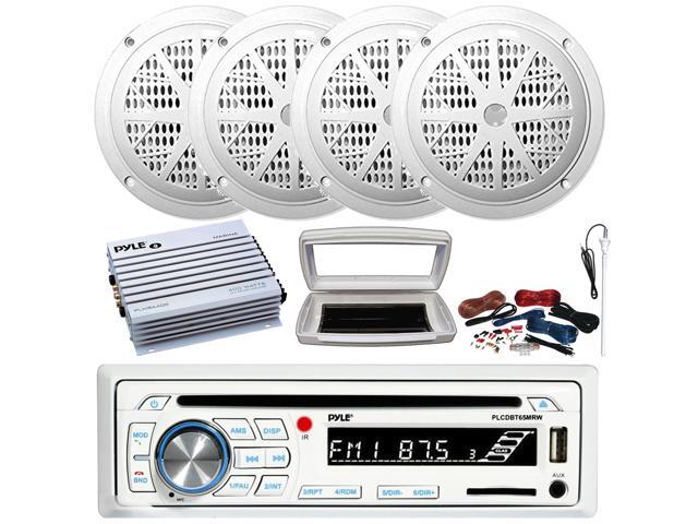 Pyle PLCDBT65 Single-DIN Marine Bluetooth USB/AUX CD Player AM/FM Stereo Receiver W/White Cover, 4x 4'' 100W Max Power Dual Cone White Boat...