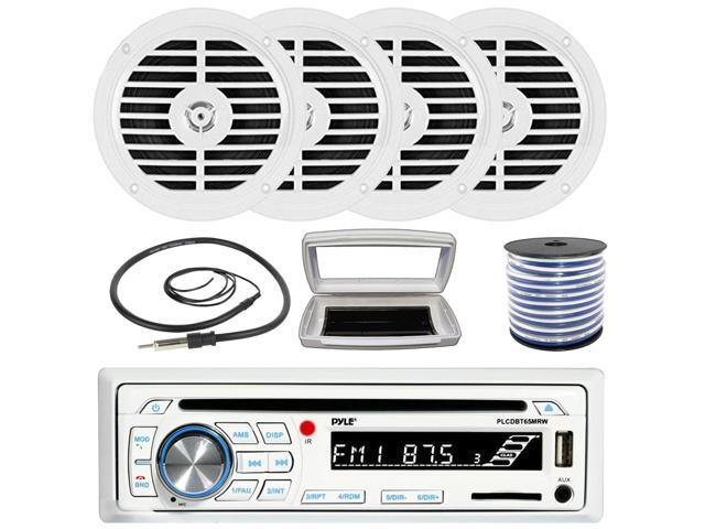 Pyle PLCDBT65 Single-DIN Marine Bluetooth USB/AUX CD Player AM/FM Stereo Receiver W/White Cover, 4x Pyle PLMR57W 5.25' 100W Max Power Dual Cone...