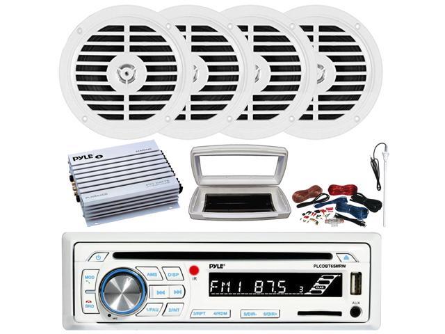 Pyle PLCDBT65 Single-DIN Marine Bluetooth USB/AUX CD Player AM/FM Stereo Receiver W/White Cover, 4x 5.25' 100W Max Dual Cone Full Range White Boat...