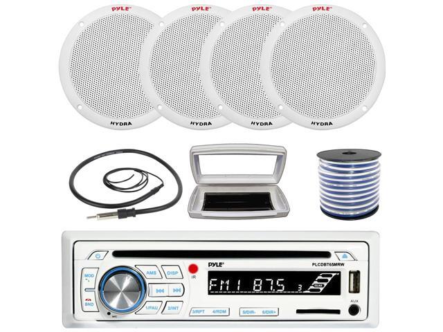 Pyle PLCDBT65 Single-DIN Marine Bluetooth USB/AUX CD Player AM/FM Stereo Receiver W/White Cover, 4x Pyle PLMR605W 6.5'' 400W Max Power Dual Cone...