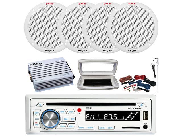 Pyle PLCDBT65 Single-DIN Marine Bluetooth USB/AUX CD Player AM/FM Stereo Receiver W/White Cover, 4x 6.5'' 400W Max Dual Cone 2-way Full Range Boat...