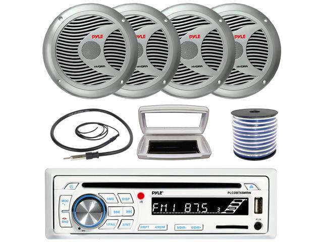 Pyle PLCDBT65 Single-DIN Marine Bluetooth USB/AUX CD Player AM/FM Stereo Receiver W/White Cover, 4x Pyle PLMR60S 6.5'' 150 Watt Max Power 2 Way...