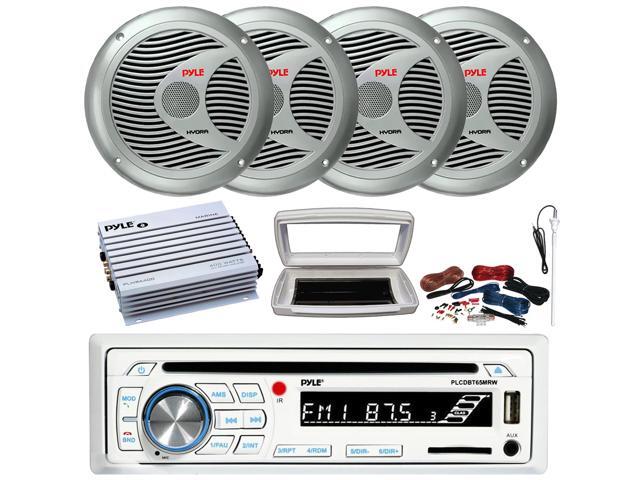 Pyle PLCDBT65 Single-DIN Marine Bluetooth USB/AUX CD Player AM/FM Stereo Receiver W/White Cover, 4x 6.5'' 150 Watts Max Power 2 Way Boat Silver...