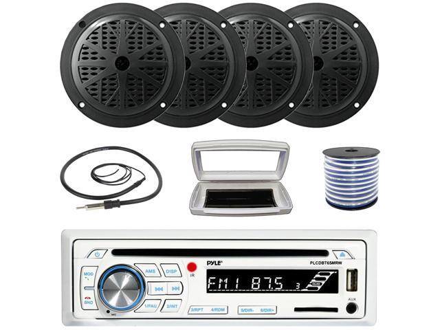 Pyle PLCDBT65 Single-DIN Marine Bluetooth USB/AUX CD Player AM/FM Stereo Receiver W/White Cover, 4x Pyle PLMR61B 6.5'' 120W Max Power Dual Cone...