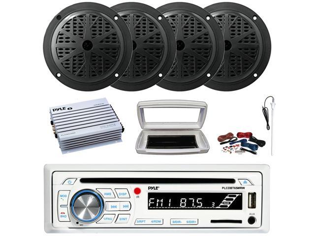Pyle PLCDBT65 Single-DIN Marine Bluetooth USB/AUX CD Player AM/FM Stereo Receiver W/White Cover, 4x 6.5'' 120 Watts Max Power Dual Cone Boat Black...