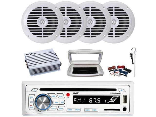 Pyle PLCDBT65 Single-DIN Marine Bluetooth USB/AUX CD Player AM/FM Stereo Receiver W/White Cover, 4x 6.5'' 120W Max Power Dual Cone Full Range Boat...