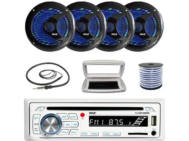 Pyle PLCDBT65 Single-DIN Marine Bluetooth USB/AUX CD Player AM/FM Stereo Receiver W/White Cover, 4x 6.5'' 150 Watt Max Power Dual Cone RGB LED Boat...