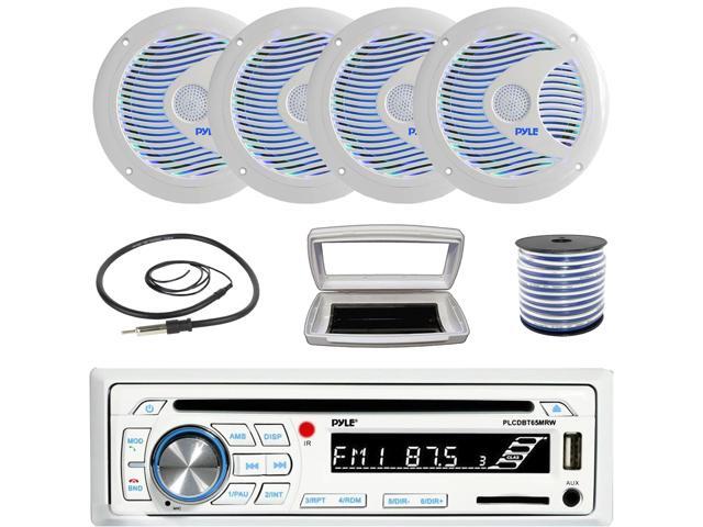 Pyle PLCDBT65 Single-DIN Marine Bluetooth USB/AUX CD Player AM/FM Stereo Receiver W/White Cover, 4x 6.5'' 150 Watt Max Power Dual Cone RGB LED Boat...