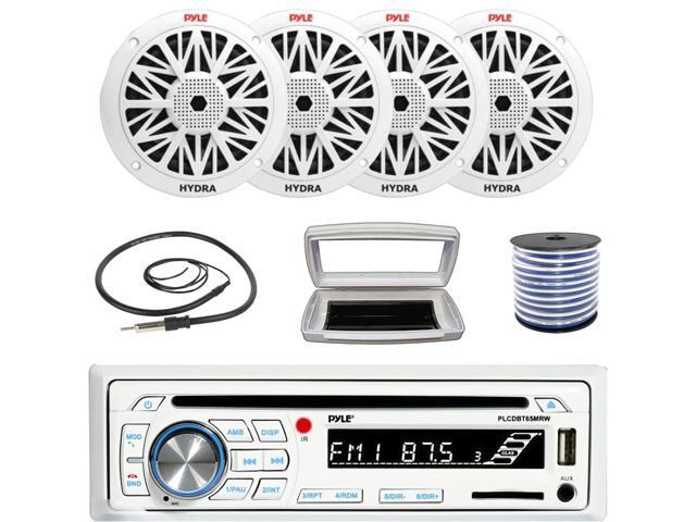Pyle PLCDBT65 Single-DIN Marine Bluetooth USB/AUX CD Player AM/FM Stereo Receiver W/White Cover, 4x Pyle PLMR82 8' 300W Max Power 2-Way Boat White...