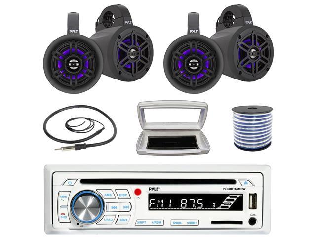 Pyle PLCDBT65 Single-DIN Marine Bluetooth USB/AUX CD Player AM/FM Stereo Receiver W/White Cover, 4x 4' 300W Max Power Waterproof Marine Wakeboard...