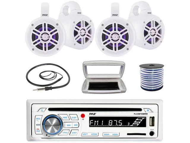 Pyle PLCDBT65 Single-DIN Marine Bluetooth USB/AUX CD Player AM/FM Stereo Receiver W/White Cover, 4x Pyle 4' 300 Watt Max Power Marine Multicolor...