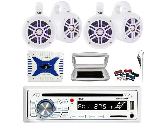 Pyle PLCDBT65 Single-DIN Marine Bluetooth USB/AUX CD Player AM/FM Stereo Receiver W/White Cover, 4x 4' 300W Max Power RGB LED Tower White Boat...