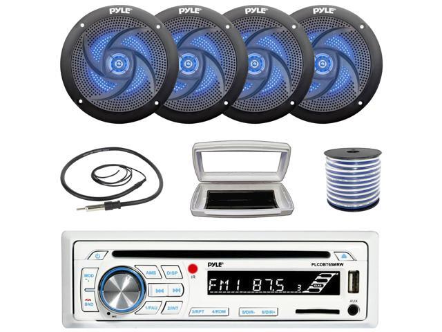 Pyle PLCDBT65 Single-DIN Marine Bluetooth USB/AUX CD Player AM/FM Stereo Receiver W/White Cover, 4x 4' 100W Max Power 2-Way Low Profile Blue...