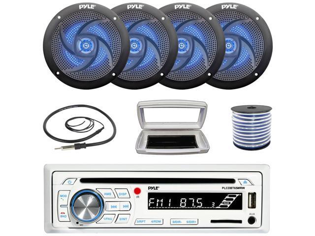 Pyle PLCDBT65 Single-DIN Marine Bluetooth USB/AUX CD Player AM/FM Stereo Receiver W/White Cover, 4x 4' 100W Max Power Waterproof Low-Profile Slim...