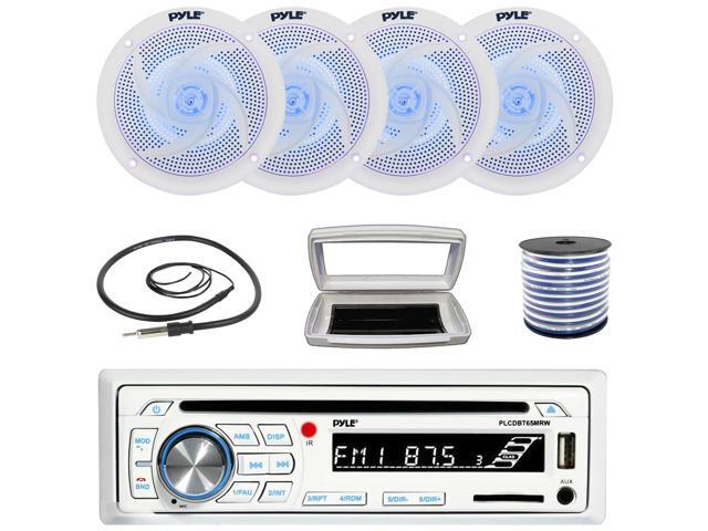 Pyle PLCDBT65 Single-DIN Marine Bluetooth USB/AUX CD Player AM/FM Stereo Receiver W/White Cover, 4x 4' 100W Max Power Low Profile 2-Way Blue LED...