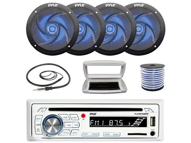 Pyle PLCDBT65 Single-DIN Marine Bluetooth USB/AUX CD Player AM/FM Stereo Receiver W/White Cover, 4x 5.25' 180W Max Power 2-Way Low Profile Blue LED...