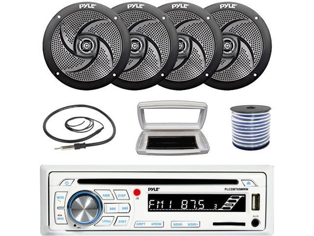 Pyle PLCDBT65 Single-DIN Marine Bluetooth USB/AUX CD Player AM/FM Stereo Receiver W/White Cover, 4x Pyle PLMRS6B 6'' 240W Max Power Low Profile...