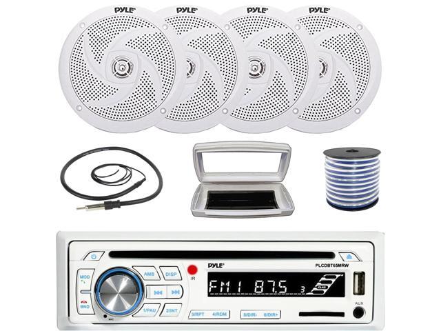 Pyle PLCDBT65 Single-DIN Marine Bluetooth USB/AUX CD Player AM/FM Stereo Receiver W/White Cover, 4x Pyle PLMRS6W 6'' 240W Max Power Low Profile...