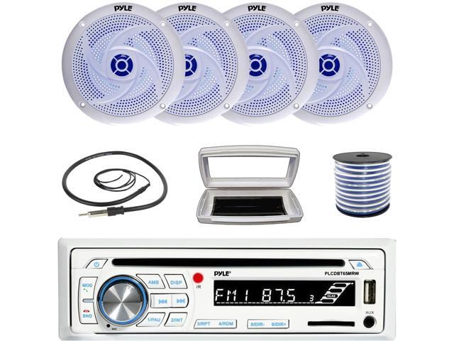 Pyle PLCDBT65 Single-DIN Marine Bluetooth USB/AUX CD Player AM/FM Stereo Receiver W/White Cover, 4x 8'' 320 Watt Max Power Low Profile 2-Way Blue...
