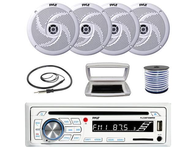Pyle PLCDBT65 Single-DIN Marine Bluetooth USB/AUX CD Player AM/FM Stereo Receiver W/White Cover, 4x Pyle PLMRS8W 8'' 320W Max Power Low Profile...
