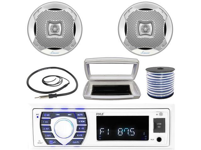 Pyle PLRMR23BTW Single-DIN Bluetooth Marine USB/AUX MP3/SD AM/FM Radio Stereo Receiver W/White Cover, 2x Lanzar 5.25 200W Max Power Water Resistant...