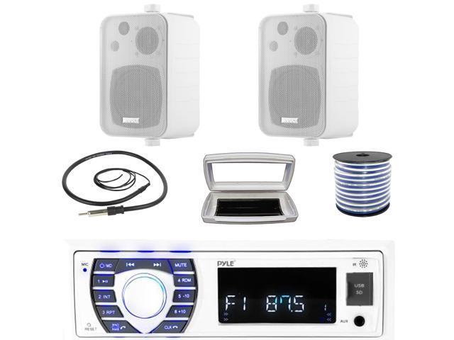 Pyle PLRMR23BTW Single-DIN Bluetooth Marine USB/AUX MP3/SD AM/FM Radio Stereo Receiver W/White Cover, 2x Enrock 4' 30W Max Power 3-Way In Door/Out...