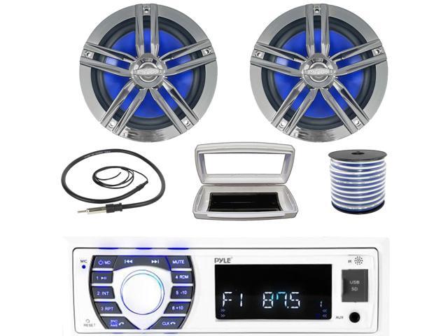 Pyle PLRMR23BTW Single-DIN Bluetooth Marine USB/AUX MP3/SD AM/FM Radio Stereo Receiver W/White Cover, 2x 6.5' 180W Max Power 2-Way High-Performance...