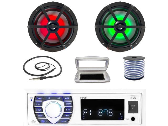 Pyle PLRMR23BTW Single-DIN Bluetooth Marine USB/AUX MP3/SD AM/FM Radio Stereo Receiver W/White Cover, 2x Enrock EM265RGB 6.5' 120 Watt Max Power...