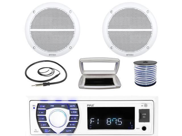Pyle PLRMR23BTW Single-DIN Bluetooth Marine USB/AUX MP3/SD AM/FM Radio Stereo Receiver W/White Cover, 2x Enrock EM602W 6.5' 90W Max Power 2-Way...