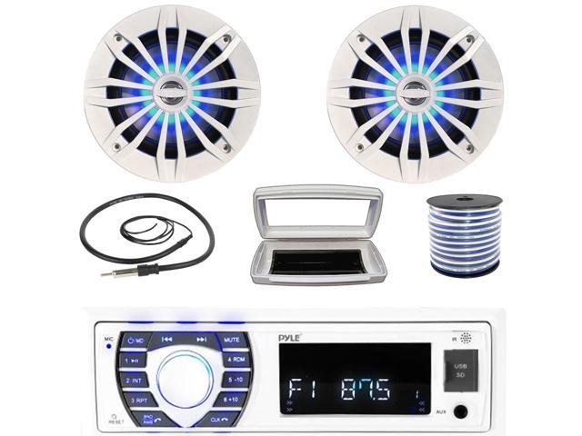 Pyle PLRMR23BTW Single-DIN Bluetooth Marine USB/AUX MP3/SD AM/FM Radio Stereo Receiver W/White Cover, 2x 6.5' 180W Max Power 2-Way Blue LED White...