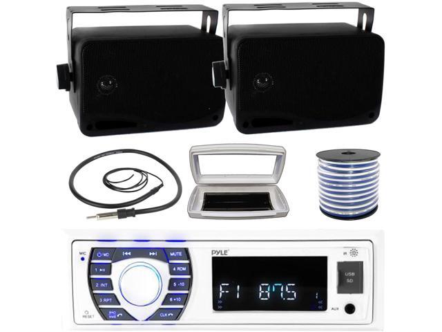 Pyle PLRMR23BTW Single-DIN Bluetooth Marine USB/AUX MP3/SD AM/FM Radio Stereo Receiver W/White Cover, 2x 3.5'' 200W Max Power 3-Way Indoor/Outdoor...
