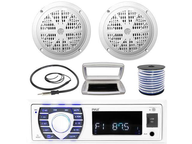 Pyle PLRMR23BTW Single-DIN Bluetooth Marine USB/AUX MP3/SD AM/FM Radio Stereo Receiver W/White Cover, 2x Pyle PLMR41W 4'' 100 Watt Max Power Dual...