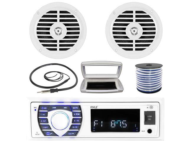Pyle PLRMR23BTW Single-DIN Bluetooth Marine USB/AUX MP3/SD AM/FM Radio Stereo Receiver W/White Cover, 2x Pyle PLMR57W 5.25' 100W Max Power Dual...