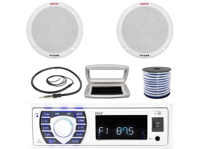 Pyle PLRMR23BTW Single-DIN Bluetooth Marine USB/AUX MP3/SD AM/FM Radio Stereo Receiver W/White Cover, 2x Pyle PLMR605W 6.5'' 400W Max Power Dual...